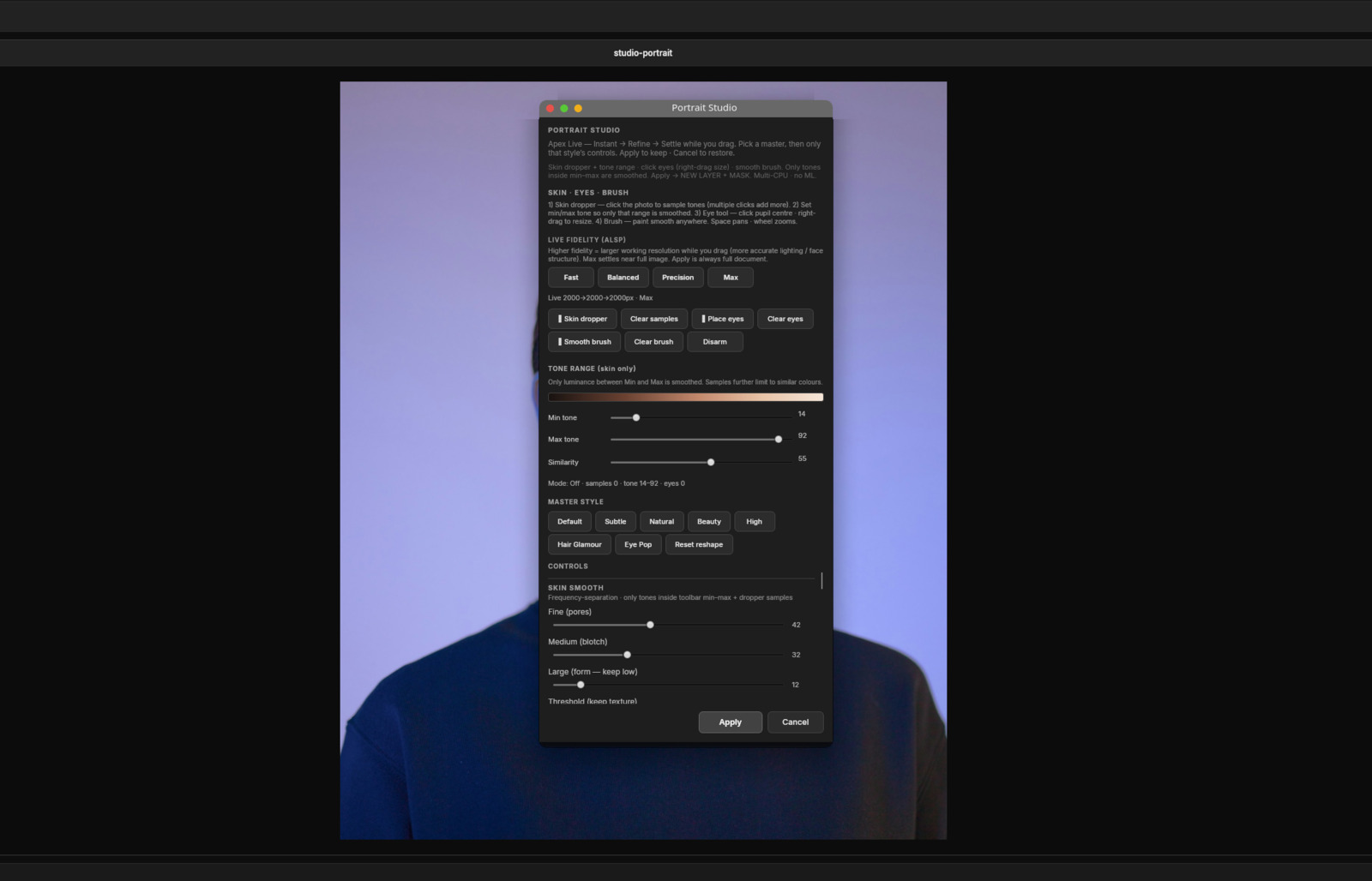 Portrait Studio open over a studio portrait — skin targeting and retouch controls