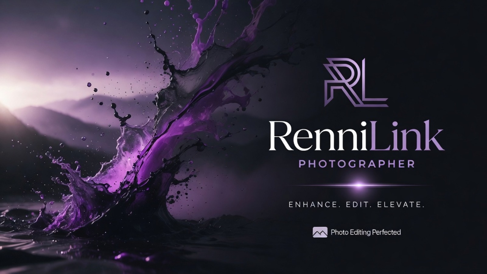 RenniLink Photographer splash screen — purple ink splash branding